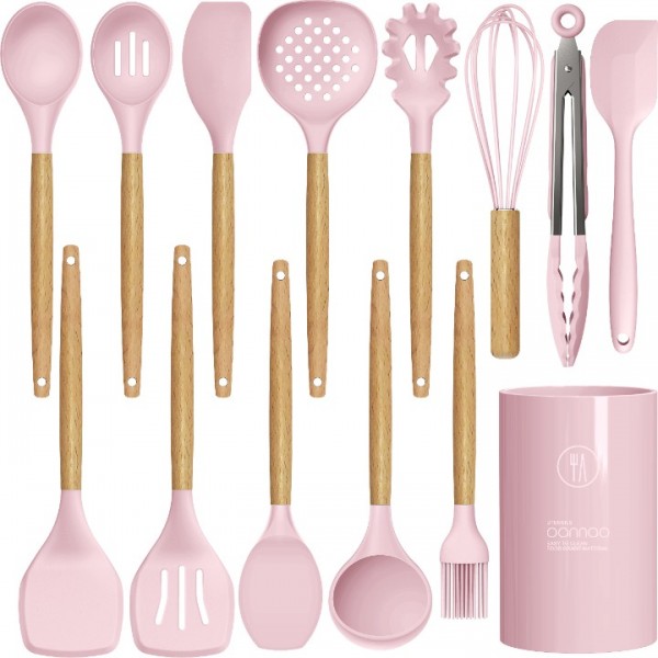 Anam Silicone Kitchen Utensils Set with Wooden Handles