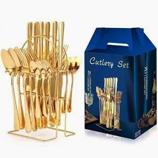 MM Stainless Steel Gold Cutlery Set 24-Piece with Vertical Stand